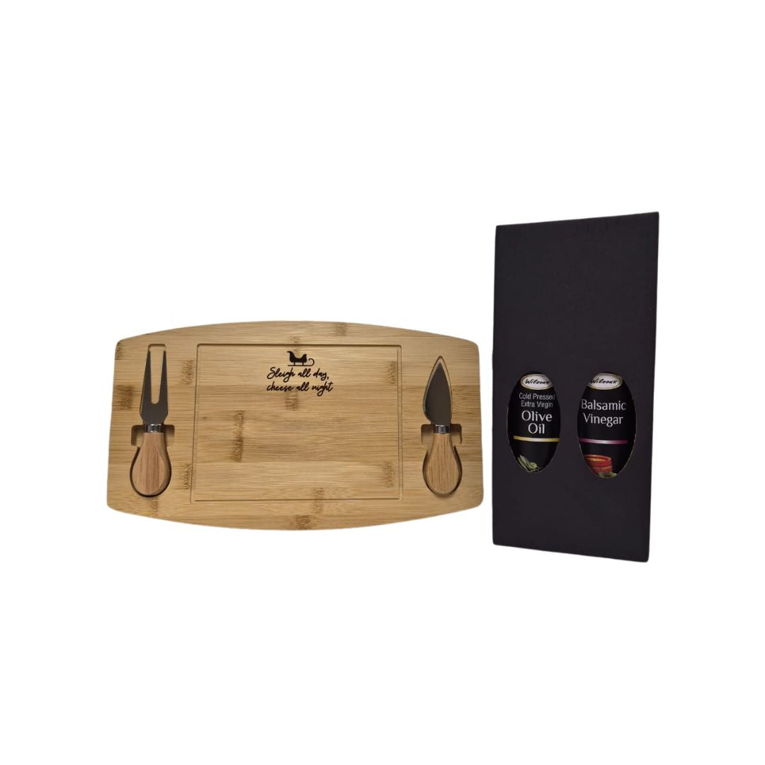 Premium Gourmet Gift - Extra Virgin Olive Oil & Balsamic Vinegar Gift Set with Bamboo Cheese Board (Sleigh)