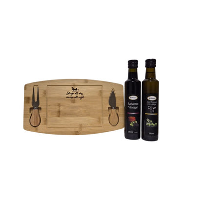 Premium Gourmet Gift - Extra Virgin Olive Oil & Balsamic Vinegar Gift Set with Bamboo Cheese Board (Sleigh)
