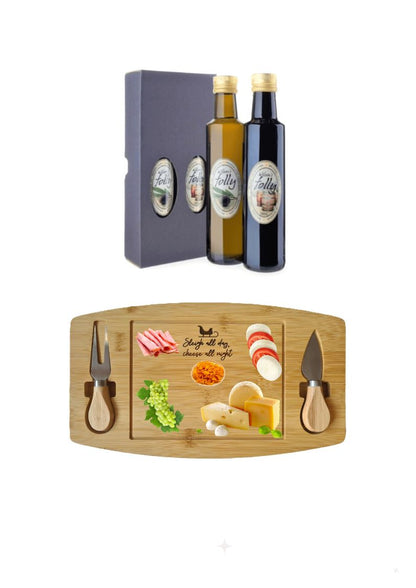 Premium Gourmet Gift - Extra Virgin Olive Oil & Balsamic Vinegar Gift Set with Bamboo Cheese Board (Sleigh)