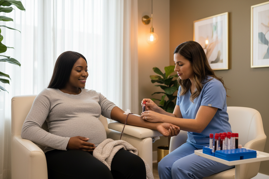 preganant black lady sitting in a comfortable chair, getting her blood drawn